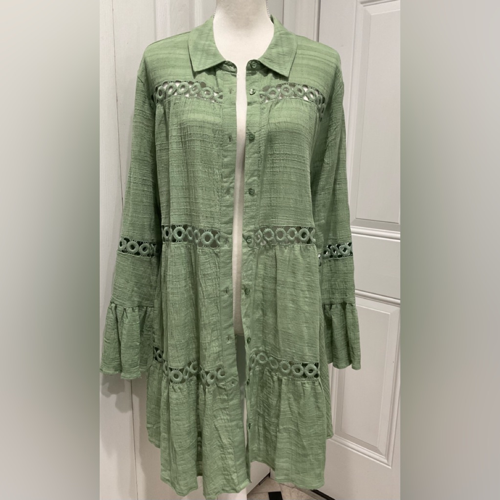Nwt Ibiza Anne Cole Basil Long Sleeve Button Up Crochet Adorned Dress, M